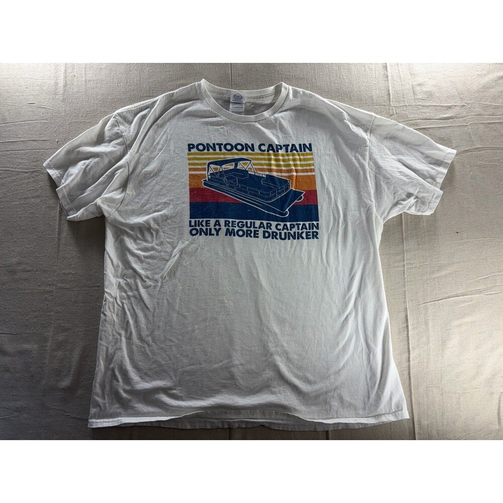 Funny Pontoon Captain Graphic T-Shirt - White Retro Boating Tee - Size XL
